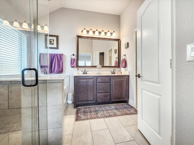 1152 Snowy Owl Dr, Alvarado, TX 76009 - bathroom with a stall shower, double vanity, and tile patterned flooring