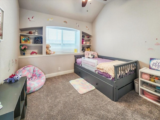 1152 Snowy Owl Dr, Alvarado, TX 76009 - bedroom featuring carpet, vaulted ceiling, baseboards, and ceiling fan
