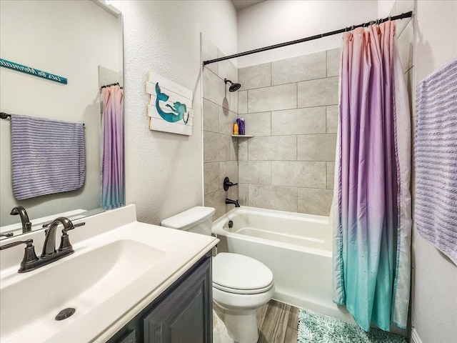 1152 Snowy Owl Dr, Alvarado, TX 76009 - bathroom with toilet, shower / bathtub combination with curtain, vanity, and wood finished floors