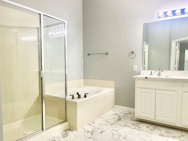 2632 Lake Ridge Dr, Little Elm, TX 75068 - bathroom with a stall shower, marble look tiles, a bath, and vanity