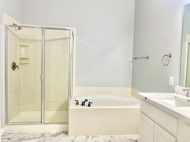 2632 Lake Ridge Dr, Little Elm, TX 75068 - full bathroom featuring a stall shower, a bath, marble finish flooring, and vanity