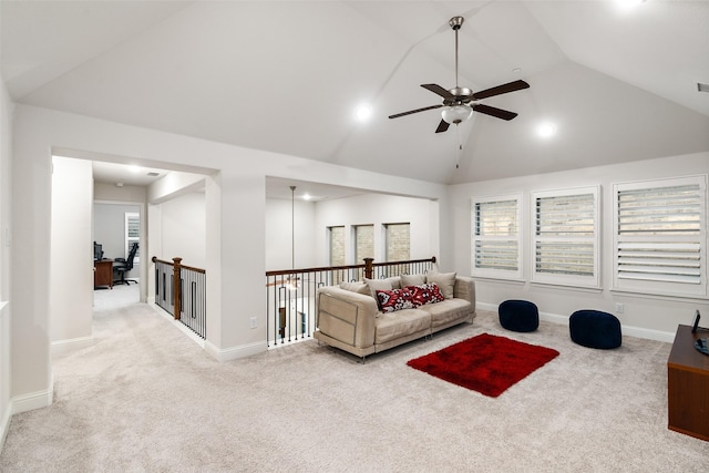 1054 Drew Ln, Allen, TX 75013 - living area with carpet flooring, ceiling fan, healthy amount of natural light, and high vaulted ceiling