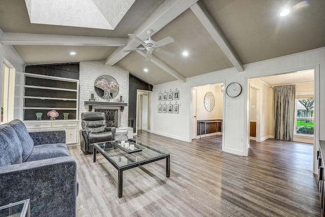 4020 Kerr Ct, Farmers Branch, TX 75244 - living area with wood finished floors, ceiling fan, a fireplace, baseboards, and recessed lighting