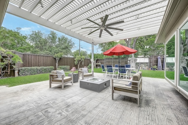4020 Kerr Ct, Farmers Branch, TX 75244 - view of patio with outdoor dining space, a pergola, a ceiling fan, an outdoor living space with a fire pit, and a deck