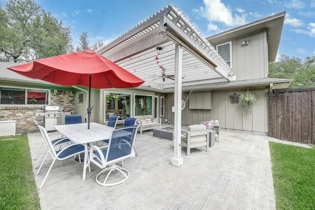 4020 Kerr Ct, Farmers Branch, TX 75244 - view of patio with an outdoor living space with a fire pit, a pergola, fence, outdoor dining space, and area for grilling