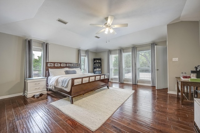 4020 Kerr Ct, Farmers Branch, TX 75244 - bedroom with wood-type flooring, vaulted ceiling, baseboards, and ceiling fan