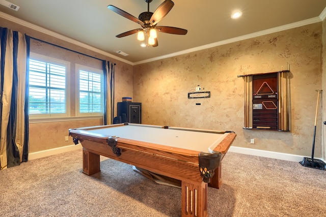 103 Fireside Ct, Mclendon Chisholm, TX 75032 - game room featuring carpet floors, a ceiling fan, crown molding, pool table, and recessed lighting