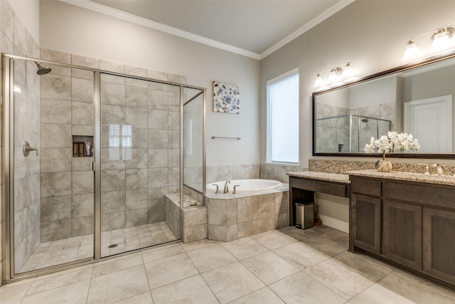 full bathroom with a shower stall, a garden tub, ornamental molding, tile patterned floors, and vanity