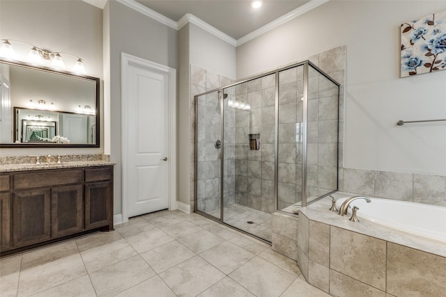 bathroom with a stall shower, a garden tub, crown molding, vanity, and tile patterned flooring