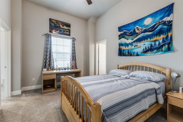 bedroom featuring carpet flooring, baseboards, and a ceiling fan