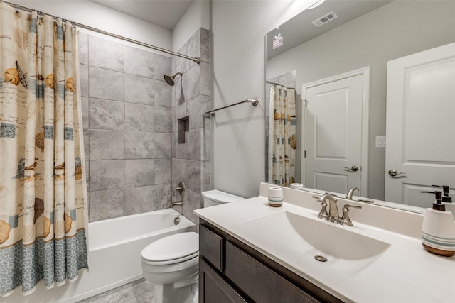 bathroom with toilet, shower / tub combo with curtain, and vanity