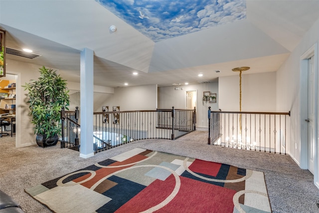 1332 Needle Cactus Dr, Fort Worth, TX 76177 - hall featuring carpet flooring, recessed lighting, an upstairs landing, and baseboards