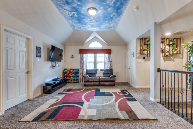 1332 Needle Cactus Dr, Fort Worth, TX 76177 - rec room with carpet floors, vaulted ceiling, and baseboards