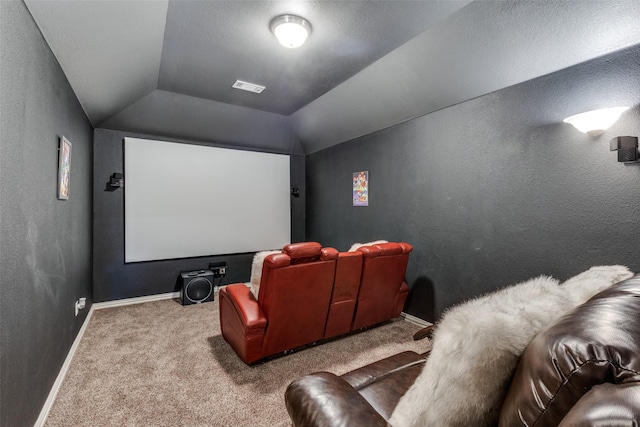 1332 Needle Cactus Dr, Fort Worth, TX 76177 - home theater room with carpet floors, baseboards, a textured wall, and vaulted ceiling