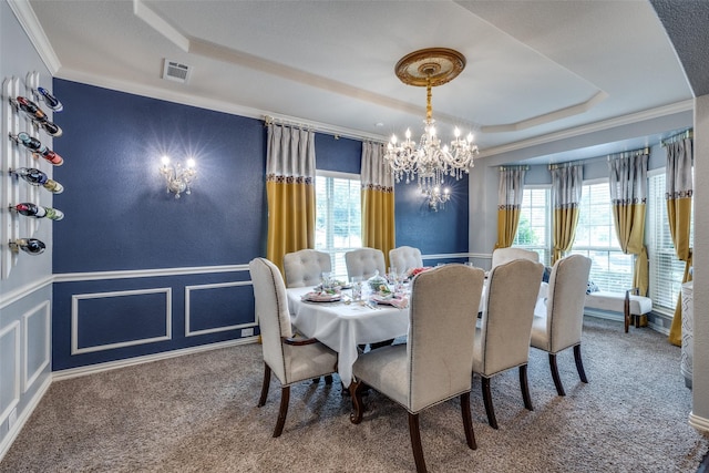 1332 Needle Cactus Dr, Fort Worth, TX 76177 - dining room with a raised ceiling, healthy amount of natural light, a chandelier, carpet, and ornamental molding