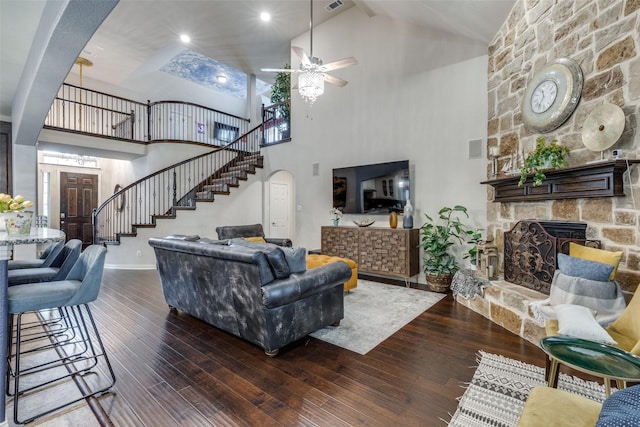 1332 Needle Cactus Dr, Fort Worth, TX 76177 - living room with high vaulted ceiling, stairway, a ceiling fan, hardwood / wood-style flooring, and a fireplace