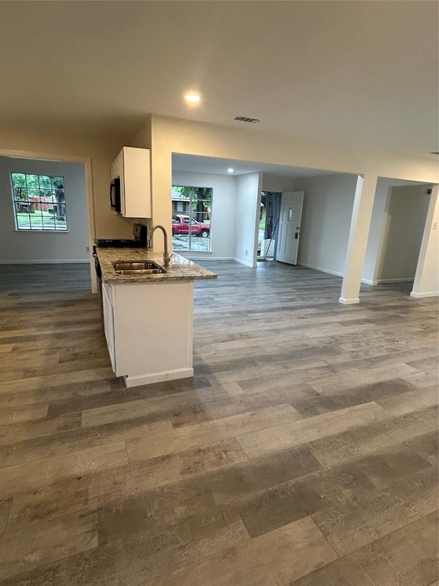 1109 Roman Rd, Grand Prairie, TX 75050 - kitchen with a sink, open floor plan, white cabinets, stone countertops, and baseboards