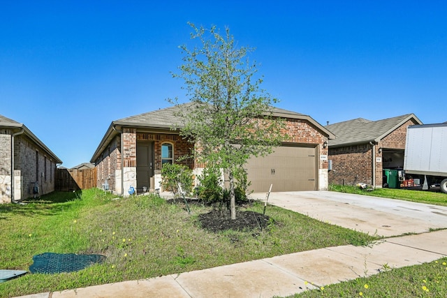 ranch-style house featuring an attached garage, brick siding, and driveway