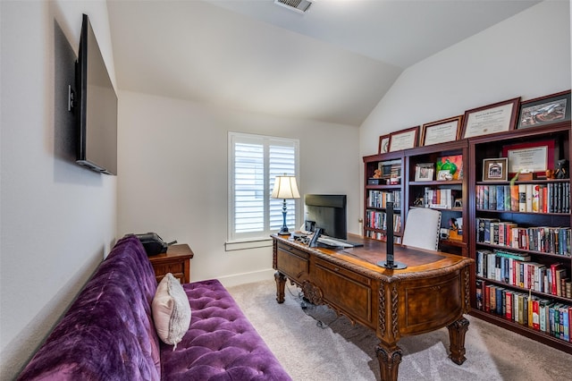 7412 Foxgrass Pl, Fort Worth, TX 76123 - office featuring carpet flooring, vaulted ceiling, and baseboards