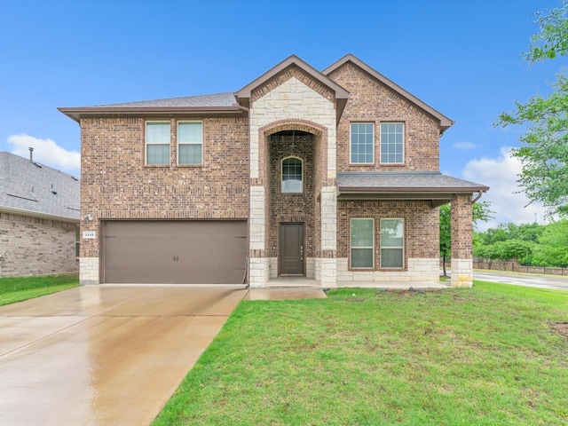 1116 Cobalt Dr, Celina, TX 75009 - french country home with an attached garage, stone siding, brick siding, a front lawn, and driveway