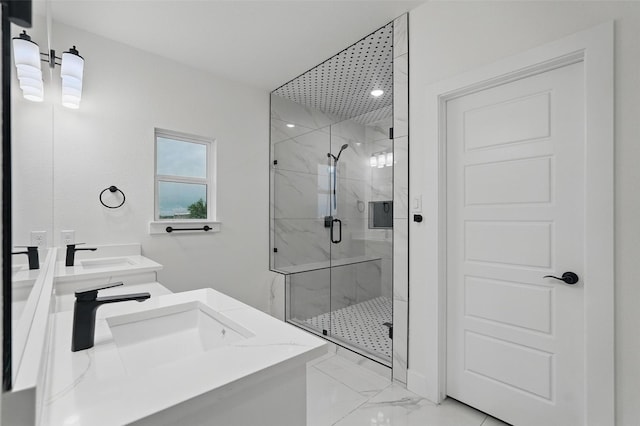 full bathroom with marble finish flooring, a marble finish shower, and double vanity