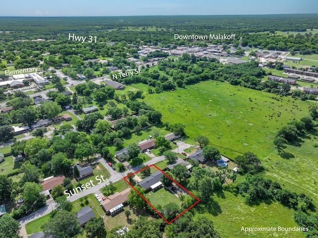 407 Sunset St, Malakoff, TX 75148 - aerial perspective of suburban area with property boundaries highlighted