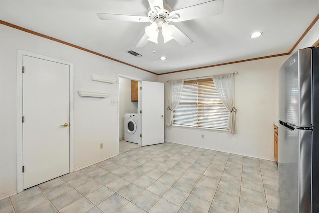 3908 Windhaven Rd, Fort Worth, TX 76133 - kitchen featuring freestanding refrigerator, washer / clothes dryer, ornamental molding, a ceiling fan, and light tile patterned floors