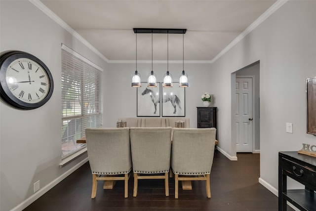 dining room with crown molding, baseboards, and dark wood finished floors