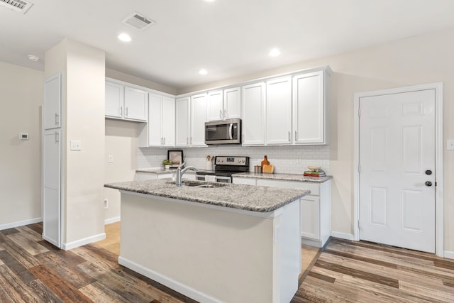 kitchen featuring stainless steel appliances, wood finished floors, decorative backsplash, an island with sink, and recessed lighting