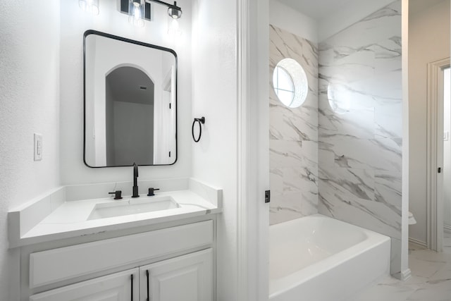 12809 Day Break Trl, Burleson, TX 76028 - bathroom with marble look tile flooring, vanity, toilet, and washtub / shower combination