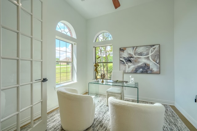 12809 Day Break Trl, Burleson, TX 76028 - office area featuring baseboards, a ceiling fan, and high vaulted ceiling