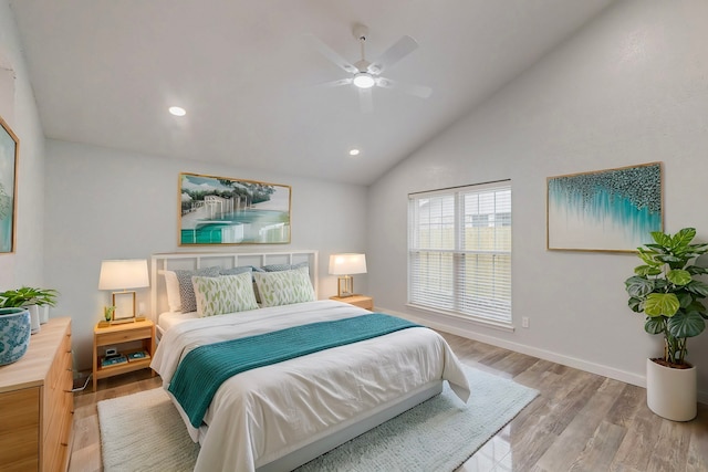bedroom featuring light wood-style floors, lofted ceiling, recessed lighting, baseboards, and ceiling fan
