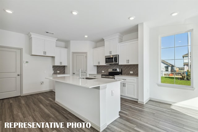 5236 Springlake Pkwy, Haltom City, TX 76117 - kitchen with stainless steel appliances, a sink, dark wood finished floors, tasteful backsplash, and recessed lighting