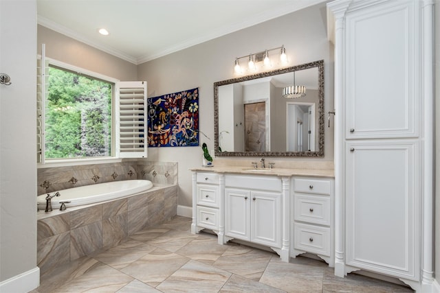 bathroom with a bath, ornamental molding, vanity, and a shower