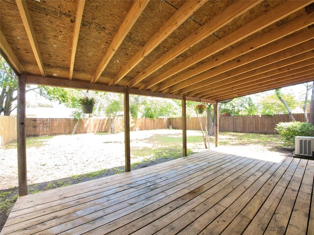 wooden terrace with a fenced backyard