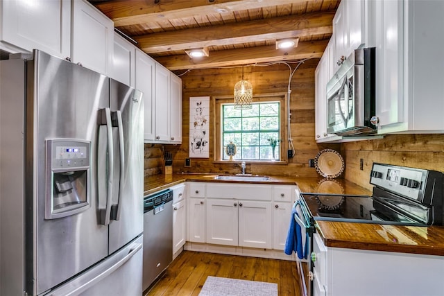 7386 Clint Ct, Athens, TX 75752 - kitchen with appliances with stainless steel finishes, a sink, wood ceiling, decorative backsplash, and white cabinets
