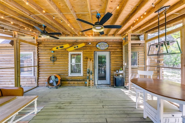 7386 Clint Ct, Athens, TX 75752 - unfurnished sunroom with a ceiling fan, beamed ceiling, and rail lighting