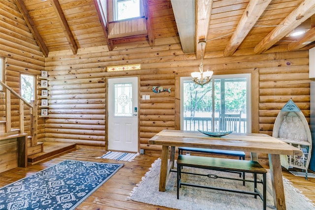 7386 Clint Ct, Athens, TX 75752 - dining space featuring wood ceiling, beamed ceiling, hardwood / wood-style flooring, a chandelier, and rustic walls