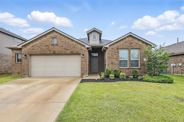 1206 Burlingame Dr, Cleburne, TX 76033 - view of front of home featuring brick siding, driveway, a front lawn, a garage, and roof with shingles