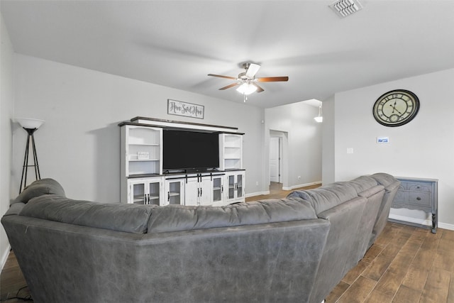 1206 Burlingame Dr, Cleburne, TX 76033 - living room with a ceiling fan, baseboards, and dark wood finished floors