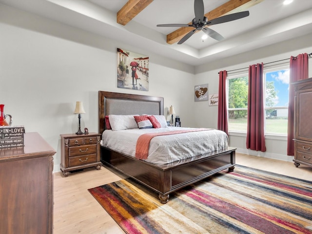 650 Winkler Way, Springtown, TX 76082 - bedroom with light wood-type flooring, baseboards, beam ceiling, recessed lighting, and a ceiling fan