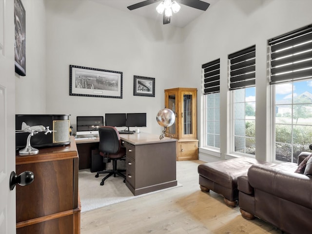 650 Winkler Way, Springtown, TX 76082 - office area with light wood finished floors, ceiling fan, and a towering ceiling