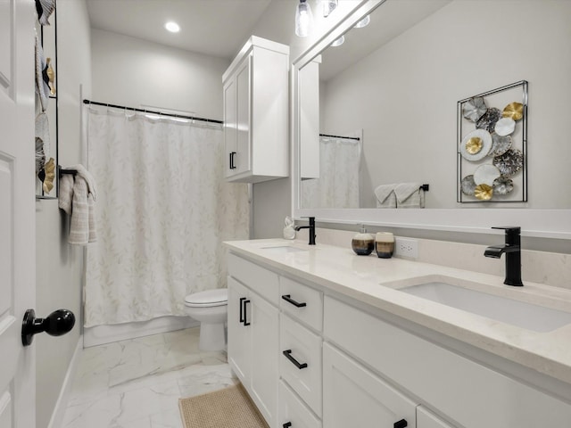 650 Winkler Way, Springtown, TX 76082 - full bath featuring marble finish flooring, toilet, double vanity, recessed lighting, and baseboards