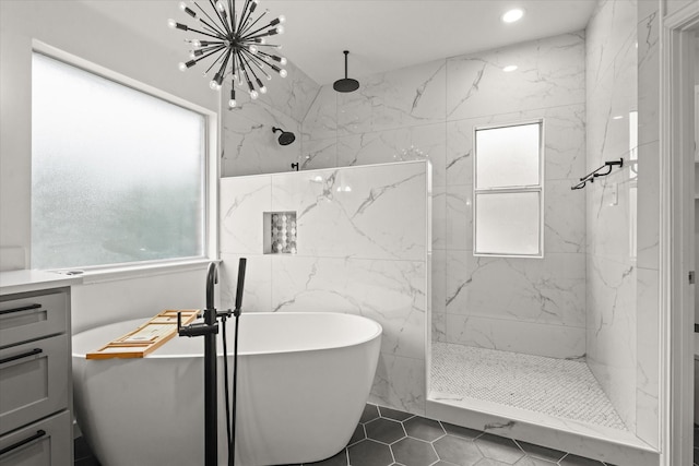 5610 Kensington Ct, Parker, TX 75002 - full bath featuring a marble finish shower, a soaking tub, tile walls, vanity, and recessed lighting