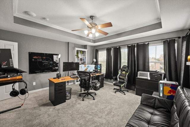 5610 Kensington Ct, Parker, TX 75002 - carpeted office featuring a raised ceiling, ornamental molding, a ceiling fan, and baseboards