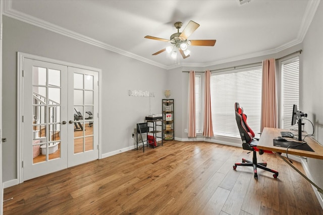 5610 Kensington Ct, Parker, TX 75002 - home office featuring french doors, ornamental molding, ceiling fan, hardwood / wood-style floors, and baseboards