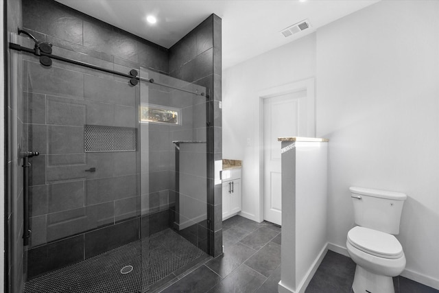 full bathroom with a shower stall, toilet, tile patterned floors, baseboards, and recessed lighting