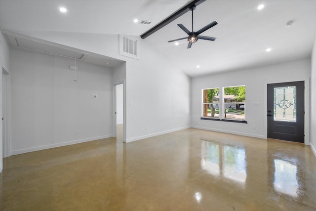 unfurnished living room with attic access, finished concrete flooring, beamed ceiling, high vaulted ceiling, and recessed lighting