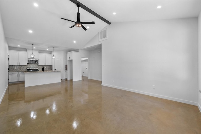 unfurnished living room featuring finished concrete floors, ceiling fan, baseboards, beam ceiling, and recessed lighting
