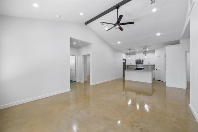 unfurnished living room with a ceiling fan, concrete flooring, baseboards, beamed ceiling, and high vaulted ceiling